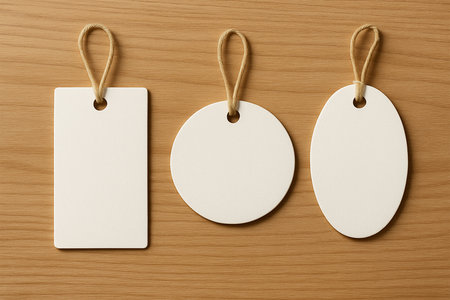 White Tags Mockup on Wooden Background â Different Shapesの素材