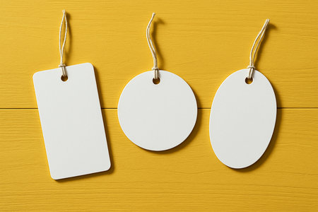 White Tags Mockup on Yellow Wooden Background â Different Shapesの素材