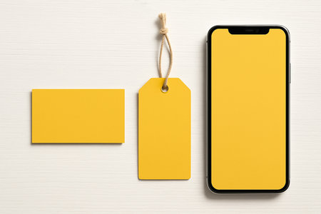 Yellow Branding Kit Mockup â Business Card, Tag & Smartphoneの素材