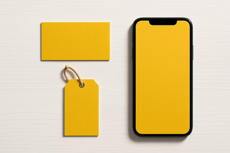 Yellow Branding Kit Mockup â Business Card, Tag & Smartphoneの素材