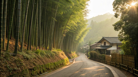 Sunlit Road Between Bamboo Forest and Villageの素材