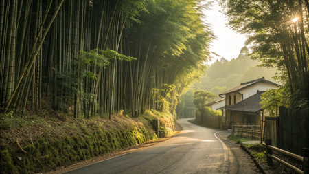 Sunlit Road Between Bamboo Forest and Villageの素材