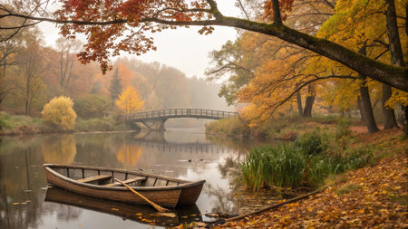 Autumn River Bridge with Empty Boatの素材