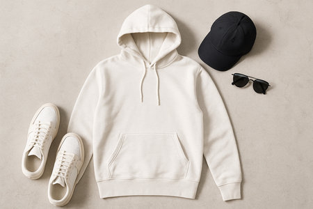White Hoodie Flat Lay with Accessories â Sneakers, Cap & Sunglassesの素材
