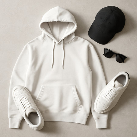 White Hoodie Flat Lay with Accessories â Sneakers, Cap & Sunglassesの素材