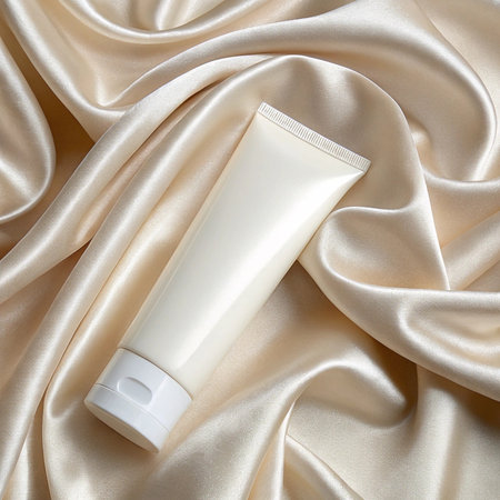White Facewash Tube on Soft Cream Satin Fabricの素材