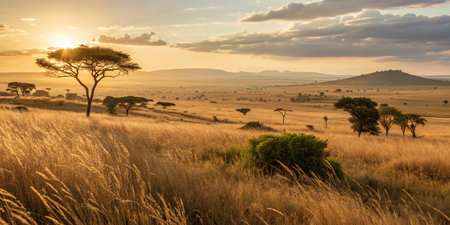 Golden Hour Savannah â Warm Light over Wild Grassの素材