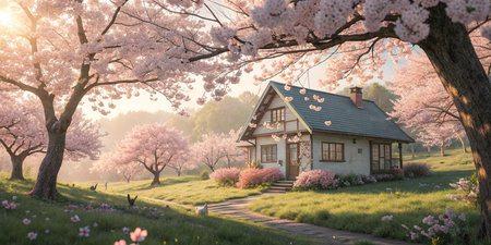 Spring Bloom Cottage â Quaint Home Amid Cherry Blossomsの素材