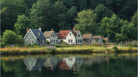 Riverside Colony â Charming Row of Houses by Calm Riverの素材