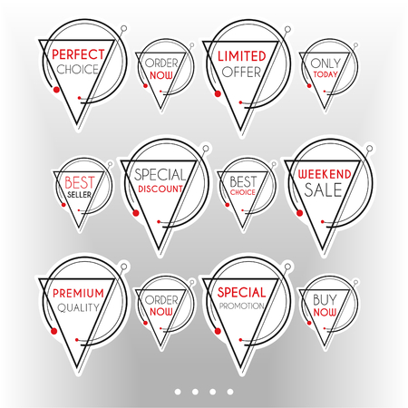 Set of minimalist graphic sale stickers. Circles and lines on black and red on white background. Elements for stickers, web page advertisements, price, discount offer price labels, badges, coupons, flyers etc.のイラスト素材