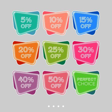 Colorful abstract design on white background. Template sale set for stickers, web page ads, tickets, discount offer price labels, badges, coupons, flyers etc.のイラスト素材