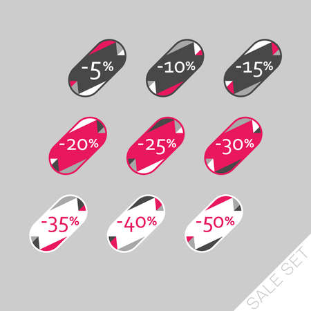 Set of colorful discount labels to attract customers' attention. Timeless easy-to-read design. Suitable for web page ads, tags, discount offer price labels, badges, coupons, flyers etc.のイラスト素材