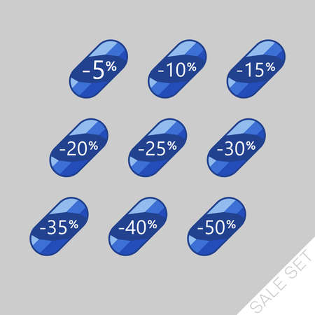 Set of colorful discount labels to attract customers' attention. Timeless easy-to-read design. Suitable for web page ads, tags, discount offer price labels, badges, coupons, flyers etc.のイラスト素材