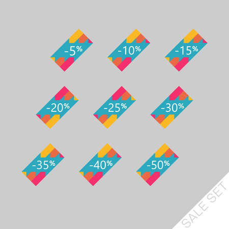 Set of colorful discount labels to attract customers' attention. Timeless easy-to-read design. Suitable for web page ads, tags, discount offer price labels, badges, coupons, flyers etc.のイラスト素材