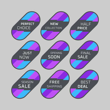 Colorful discount labels set. Timeless easy-to-read design to attract customers' attention. Suitable for web page ads, tags, discount offer price labels, badges, coupons, flyers etc.のイラスト素材