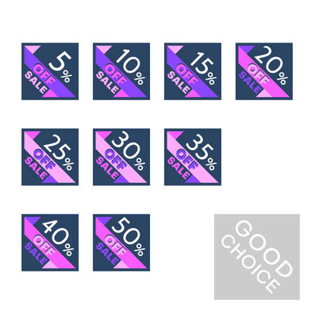 Set of editable discount labels with percent symbols. Geometric simplicity - universal design for web shops, printed stickers, tags, price labels, badges, coupons, flyers etc.のイラスト素材