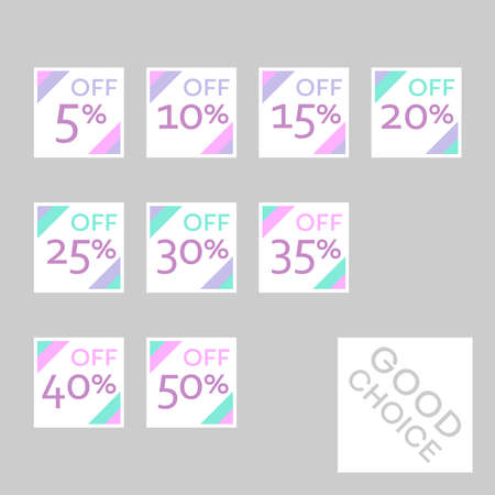 Set of editable discount labels with percent symbols. Geometric simplicity - universal design for web shops, printed stickers, tags, price labels, badges, coupons, flyers etc.のイラスト素材