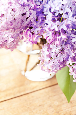 Bunch of beautiful lilac in vase, tonedの写真素材