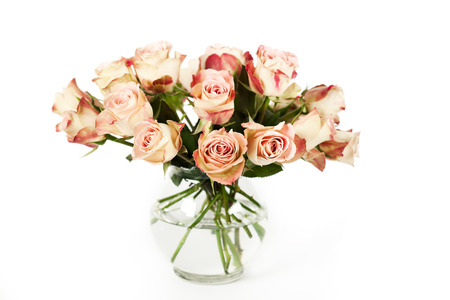 Bouquet of beautiful roses in vase on white backgroundの写真素材