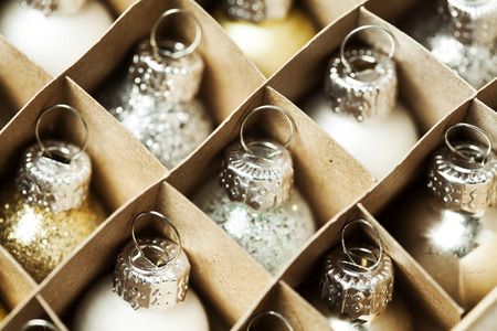 Christmas balls in box, close up