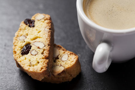 Coffee with biscotti or cantucci, traditional Italian biscuitの写真素材