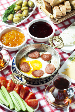 Travel concept: setup with traditional turkish breakfastの写真素材