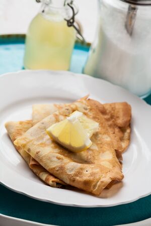 English-style pancakes with lemon and sugar, traditional for Shrove Tuesday