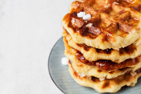 Homemade Belgian Liege or sugar waffles prepared with pearl sugarの写真素材