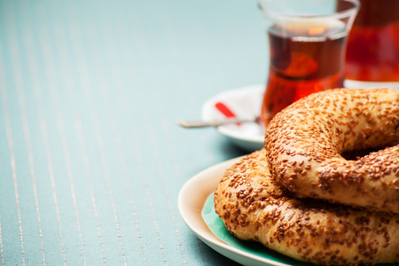 Turkish food: simit bread and cup of tea