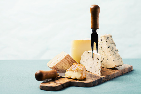 Cheese board: variety of cheeses on marble serving board