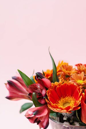 Mixed bouquet of red and orange flowers on pink backgroundの写真素材
