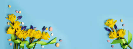 Easter banner with daffodils, bluebells and eggs on cyan backgroundの写真素材