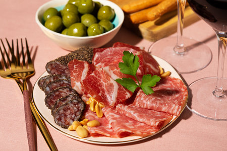 Two glasses of red wine, charcuterie and olives on pink backgroundの写真素材