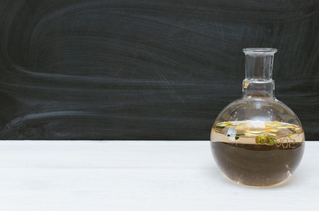 Daisy flower essential oil on school blackboard background with copy space. Education. Biology lesson.の写真素材