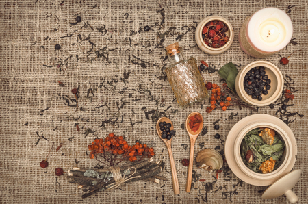 Herbal medicine concept. Alternative medicine. Dry wild rowan berry and apple berry, shelf fungus and other curative herbs essential oil on burlap sackcloth background with copy space.の写真素材