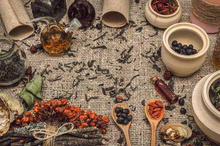 Herbal medicine concept. Alternative medicine. Dry wild rowan berry and apple berry, shelf fungus and other curative herbs essential oil and prescription scroll on burlap sackcloth background with copy space.の写真素材