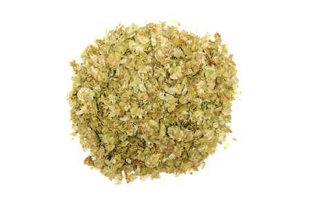Heap of hop green leaves isolated on white background. Top view.