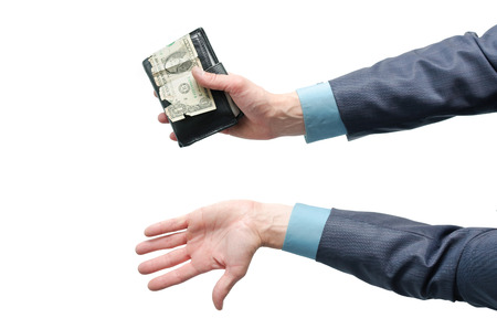 Businessman hand is holding a wallet with one dollar isolated on the white background. Lack of...