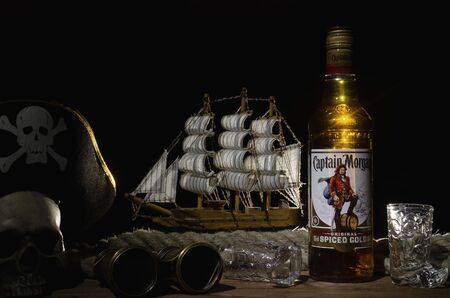 Kurgan, Russia January 20, 2019: Rum - Captain Morgan spiced gold original on the table.