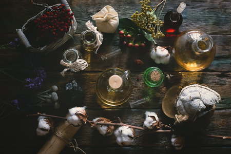 Herbal medicine essential oil and various dry herb on a table. Witchcraft. Witch doctor concept flat...