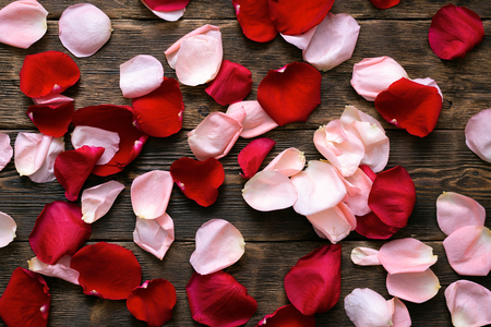 A heap of fallen rose flower petals on a wooden floor background.の写真素材