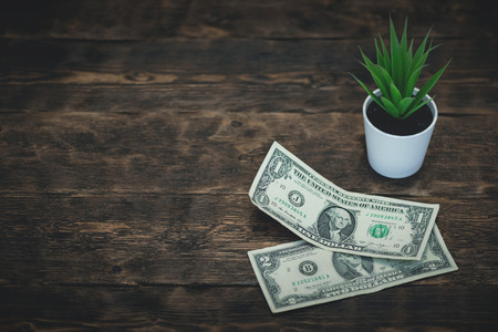 A few dollars on a table. Tight of money. Lack of money. Financial problems. Bankrupt. Pay the debts concept.の写真素材