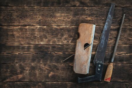 Carpenter wooden table with a copy space. Carpentry concept background.の写真素材