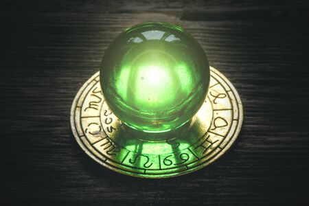 Crystal magic ball and zodiac wheel sign. Horoscope. Astrological forecast.