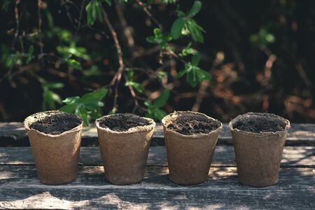 Group of flower pot with a soil on a wooden garden table. Gardening abstract background.の写真素材