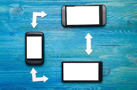 The scheme of interaction of mobile phones. Incoming and outgoing calls. Data exchange....