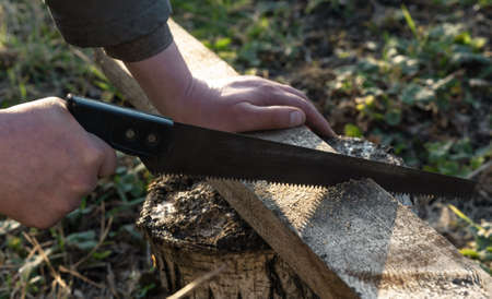 Man is working with a handsaw on the backyard.