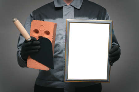 Best builder worker or mason award template. Contractor with blank diploma certificate and work...