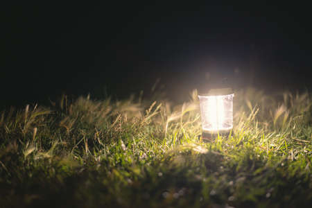 Touristic flashlight at night on green grass background.の写真素材