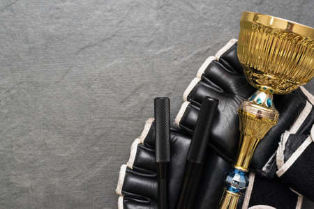 Boxing gloves and golden award trophy on the gray flat lay background with copy space.